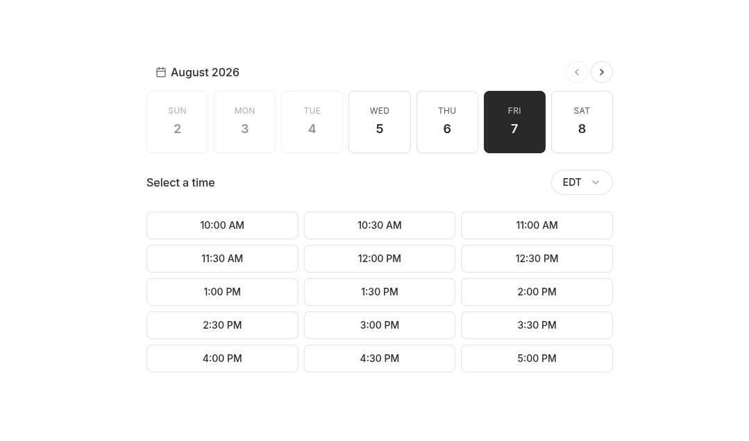 The Decal booking flow showing a customer picking an available time slot