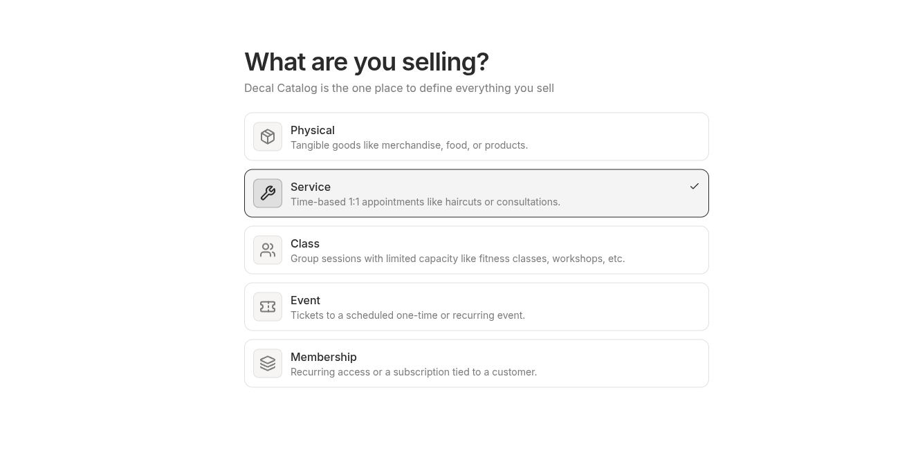The Decal catalog showing products, services, and memberships in one place