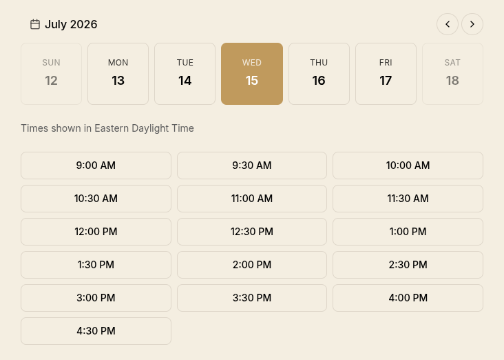 Select a date and time for a booking on the merchant's site