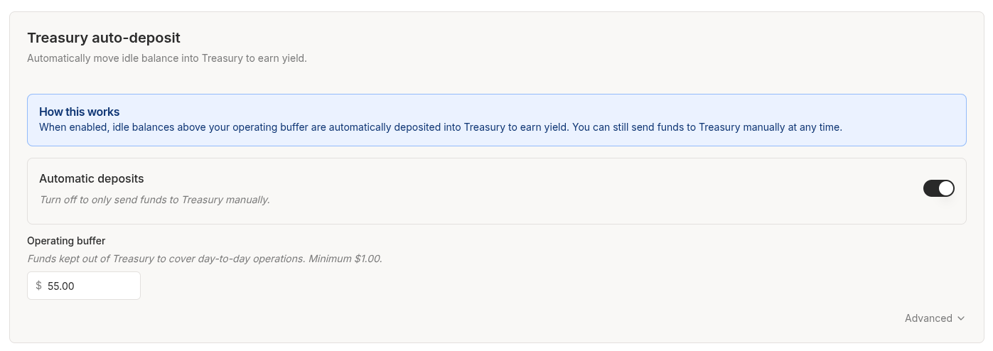 Enable automatic Treasury deposits from the Treasury settings page